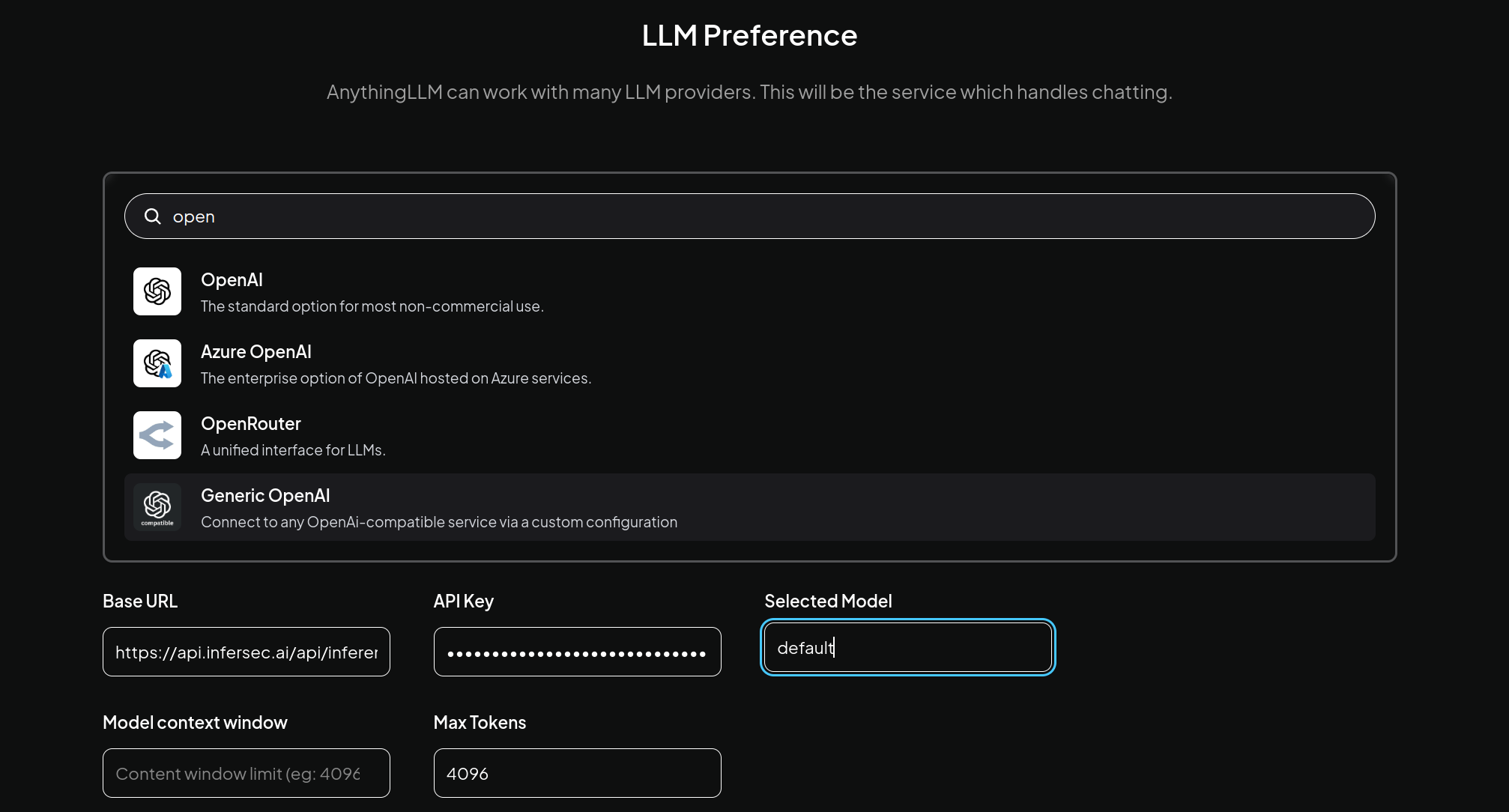 AnythingLLM's LLM provider settings, configured with a Generic OpenAI endpoint pointing at an Infersec endpoint.