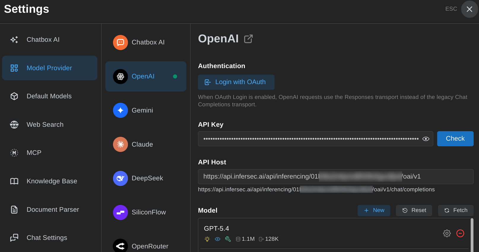 Chatbox model provider settings, with a custom OpenAI API host set to an Infersec endpoint URL and API key.
